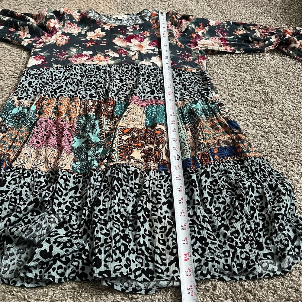Umgee Floral Boho Bohemian Long Sleeve Mini Tunic Dress Patchwork Animal Print M - Picture 6 of 7